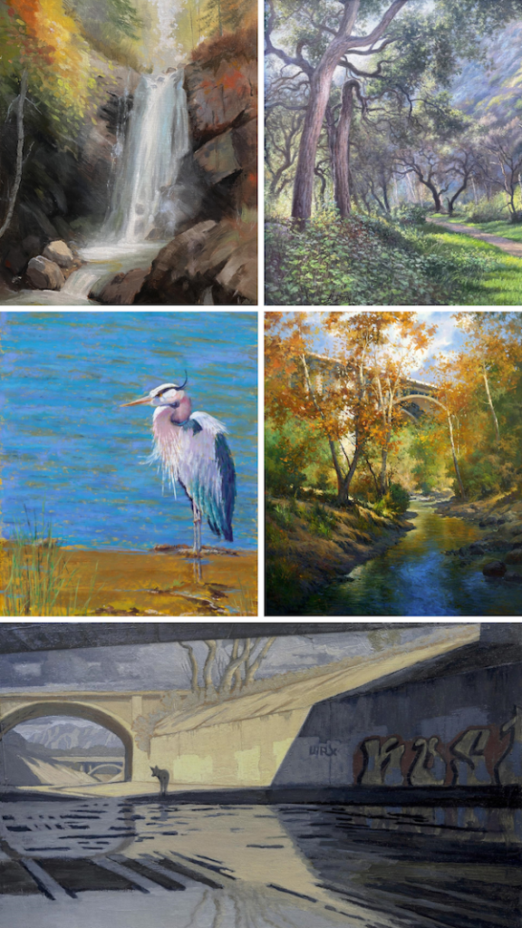An exhibition of diverse environments featuring a collage of paintings depicting birds and a waterfall in Arroyo Seco.