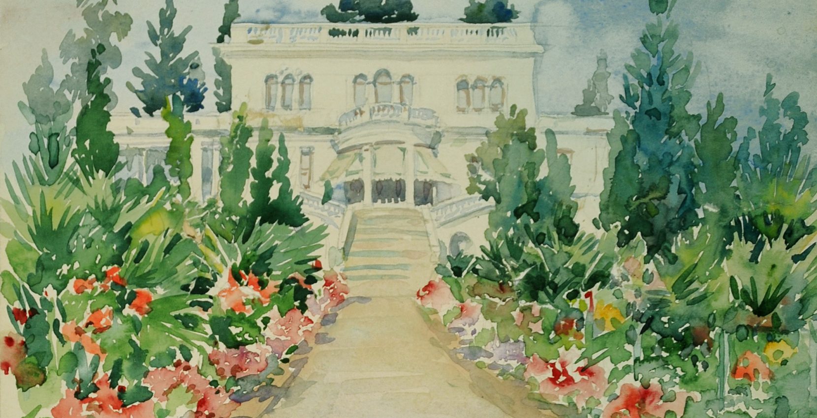 A watercolor painting of a house and gardens.