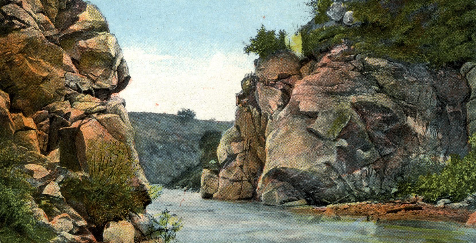 An old postcard of a river in California, showcasing the draft oarsmen in action.