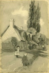 E.A. Batchelder, sketch of a thatched cottages in Campden, August 16, 1905. Image courtesy of Archives, Pasadena Museum of History (BFP.1.16)