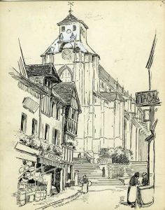 E.A. Batchelder, sketch of unidentified European city street. Image courtesy of Archives, Pasadena Museum of History (BFP.2.92)