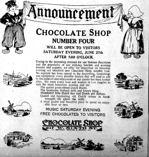 Advertisement for the Chocolate Shop.
Los Angeles Herald, June 25, 1914