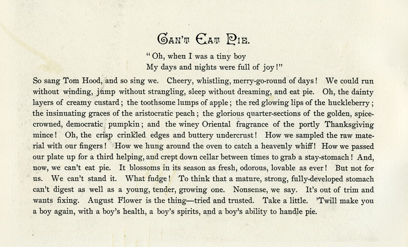 “Can’t Eat Pie” story from Green’s August Flower promotional book (George G. (Gill) Green Special Collection)