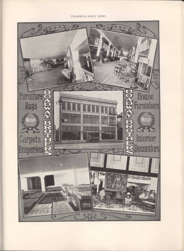 Advertisement in the Pasadena Daily News, Tournament of Roses Edition, 1913. One might imagine Pasadena's society ladies costumed as saleswomen and conducting The Christmas Shop in these rooms at Boadway Bros. (Tournament of Roses Collection)