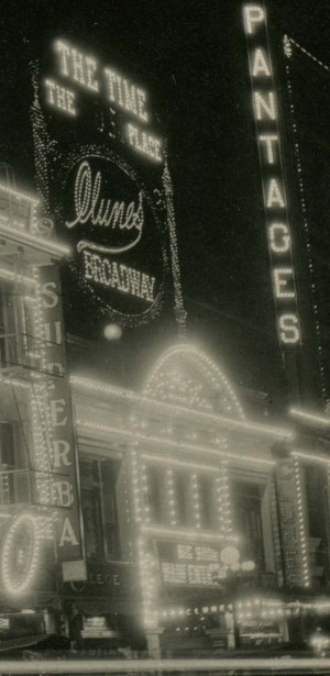 Exterior of Clune's Broadway Theater, c. 1915. The Clune's Clock was a local landmark. (Flag Photography, Pasadena California. Courtesy Bob Bennett)