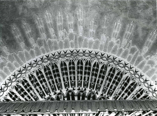 Surviving detail of the rayed sun originally placed above the proscenium arch of Warner's Egyptian Theater, 17 August 1980. (Photograph by Judith Gordon, PSN-Theaters)