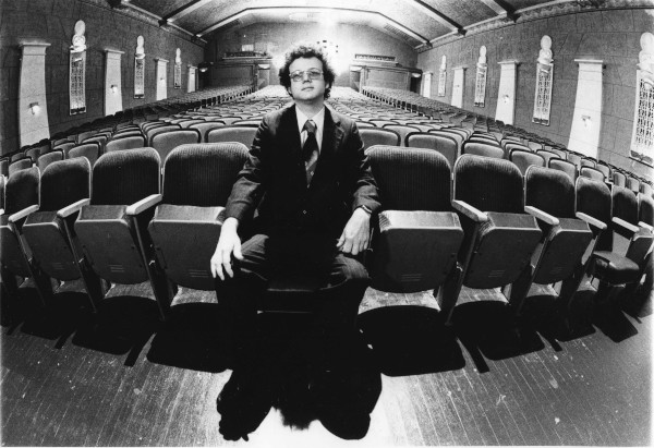 Interior of the Uptown Theater showing the wood flooring discussed in the 1936 Metzger Lease, Rick Corpron, Uptown Manager, 17 August 1980. (Photograph by Judith Gordon, Staff Photographer, Pasadena Star News; PSN-Theaters)