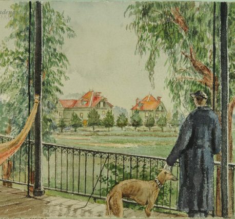 On the back of this painting, Eva wrote, "Sketch of Veranda, Mr. Muse's House." Eva Scott Fényes (1849-1930). View from Marine Barracks, Mare Island, California, 1888. Watercolor on paper, 10 x 14 in. (Fényes Collection, ESF.006.1469)