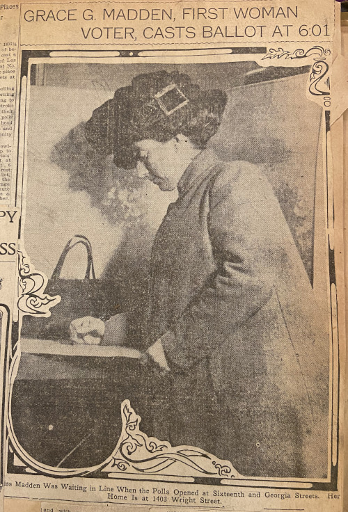 This photograph was published in the Los Angeles Herald on December 5, 1911 along with a story of Grace Madden voting at 6:01 am. (Scrapbook 112, p 60)