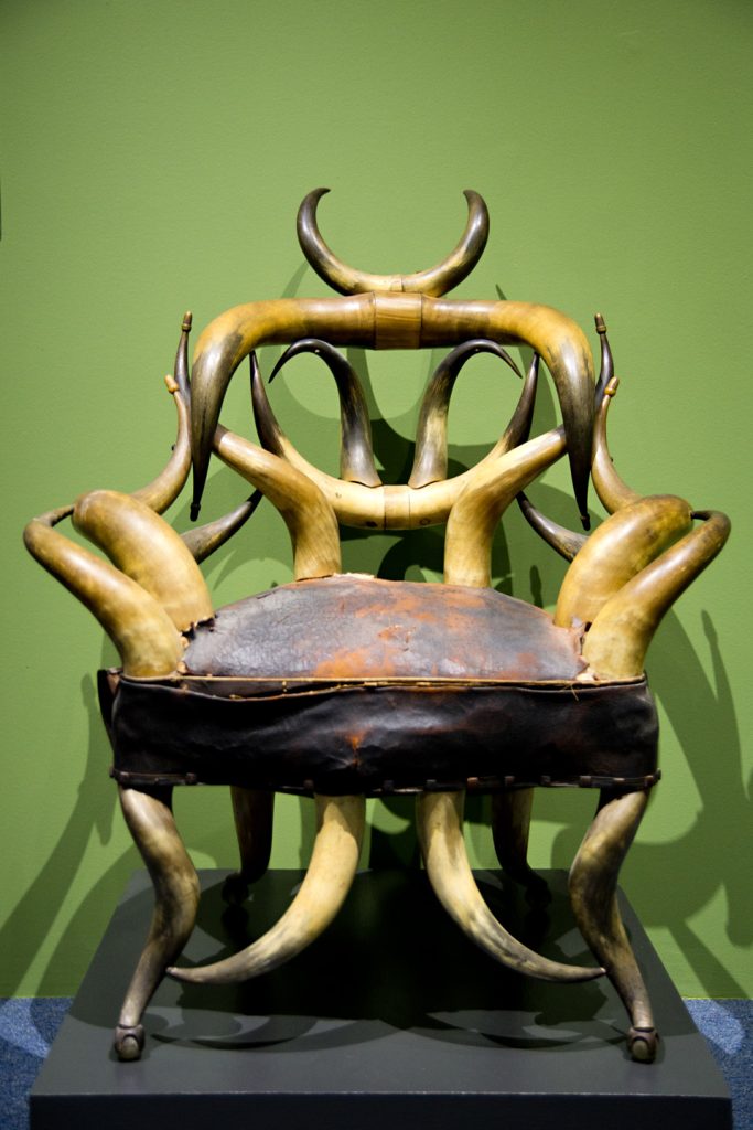 Horn chair, circa 1880s. Longhorn steer horns, leather, and linen. Gift of Mrs. James Elms. Photo by Marlyn Woo (1958.001.01)