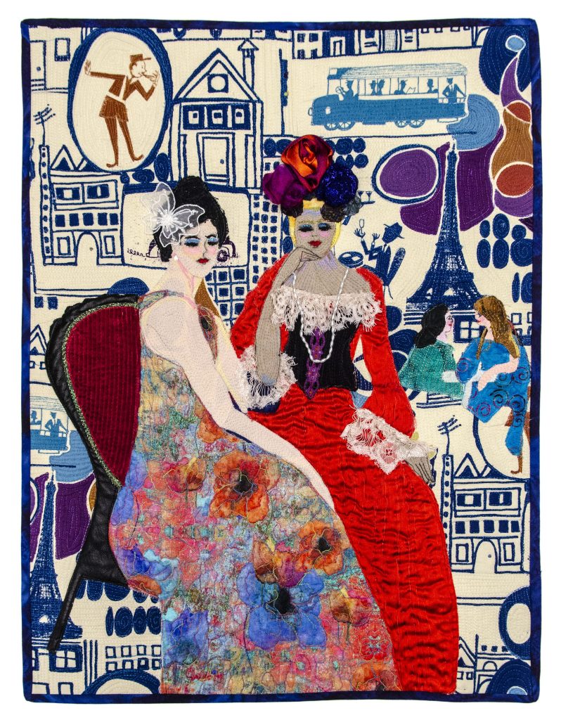 a quilt depicting two women sitting together in colorful clothing