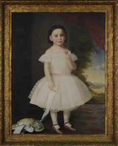 painting of a young girl holding a hat on a ribbon