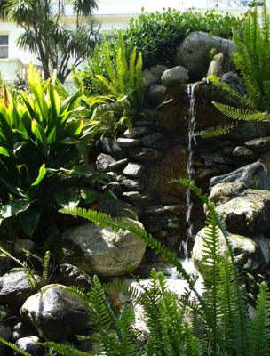 A waterfall in a garden with ferns and rocks.