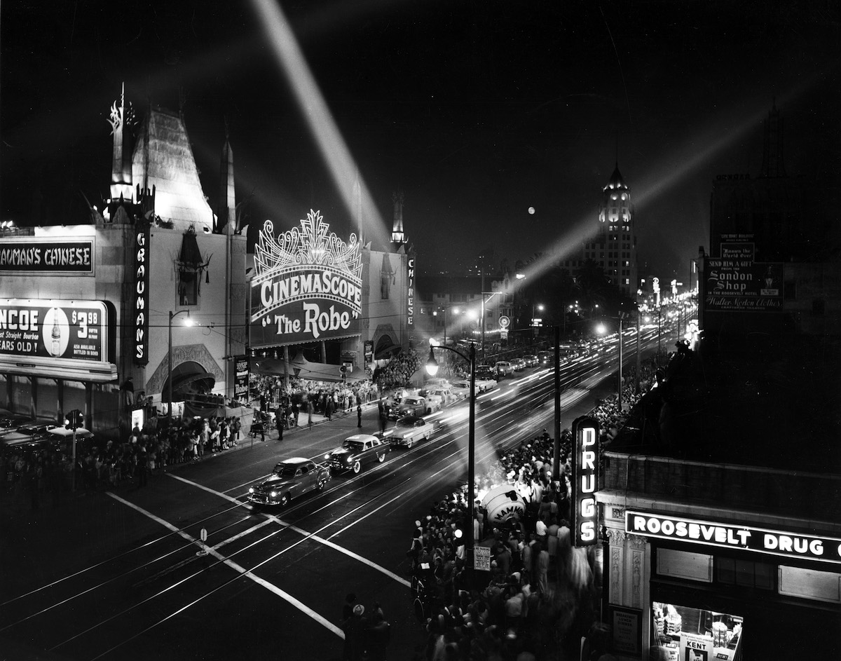 Grauman's Chinese Theatre 1953 Premiere of 'The Robe' on Hollywood Boulevard (New Cinemascope sign promoting the film)