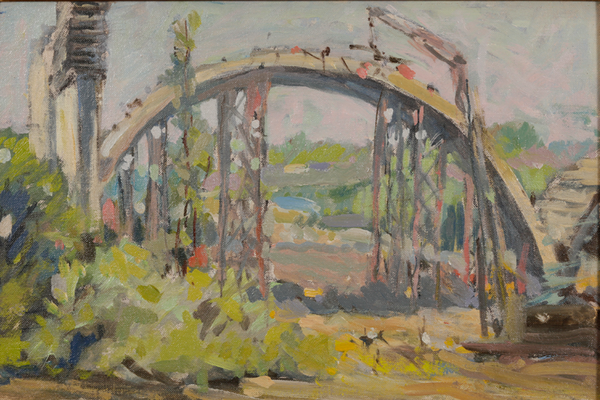 La Loma Bridge Under Construction, circa 1914, Ernest A. Batchelder; Oil on canvas; Pasadena Museum of History Collection, 2016.009.001