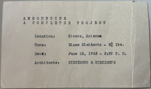Birth announcement for Diane Nishimoto, 1943. (Susie Ling Collection, NisD37a; Digital copy only)