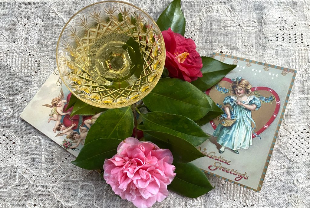 A tableau of Victorian Valentines Day pParty favors.